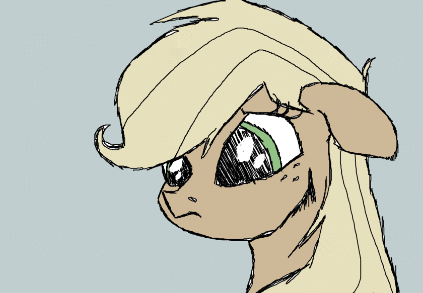 Size: 840x583 | Tagged: safe, artist:smirk, character:applejack, species:earth pony, species:pony, animated, blinking, female, floppy ears, frame by frame, gif, mare, ms paint, sad, simple background, solo, squigglevision