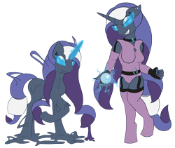 Size: 4735x3997 | Tagged: safe, artist:skyspeardraw, character:nightmare rarity, character:rarity, oc, oc:léa, species:pony, clothing, corrupted, human to anthro, latex, magic, rubber, symbiote, transformation