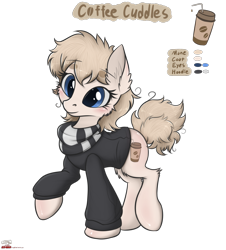 Size: 1941x2144 | Tagged: safe, artist:orang111, oc, oc only, oc:coffee cuddles, species:earth pony, species:pony, clothing, female, hoodie, mare, messy mane, messy tail, raised hoof, reference sheet, scarf, simple background, solo, sweater, transparent background