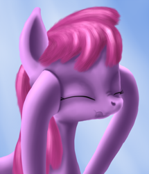 Size: 800x931 | Tagged: safe, artist:arrkhal, character:berry punch, character:berryshine, species:earth pony, species:pony, eyes closed, female, gradient background, hangover, mare, scrunchy face, solo