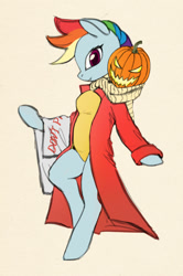 Size: 991x1496 | Tagged: safe, artist:lunebat, character:rainbow dash, species:pegasus, species:pony, alternate hairstyle, clothing, cosplay, costume, don't panic, female, halloween, hitchhiker's guide to the galaxy, holiday, jack-o-lantern, pumpkin, semi-anthro, towel, zaphod beeblebrox