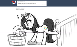 Size: 1405x867 | Tagged: safe, artist:nimaru, oc, oc only, oc:butterscotch (nimaru), oc:luau, species:earth pony, species:pony, ask, female, filly, mare, monochrome, mother and daughter, multitasking, soap, tub, tumblr