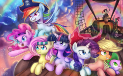 Size: 3303x2038 | Tagged: safe, artist:tcn1205, character:applejack, character:captain celaeno, character:fluttershy, character:mullet, character:pinkie pie, character:rainbow dash, character:rarity, character:spike, character:twilight sparkle, character:twilight sparkle (alicorn), species:alicorn, species:dragon, species:earth pony, species:pegasus, species:pony, species:unicorn, my little pony: the movie (2017), airship, clothing, color porn, featured on derpibooru, female, hat, mane seven, mane six, mare, parrot pirates, pirate, pirate hat, rainbow, sky, sweet dreams fuel