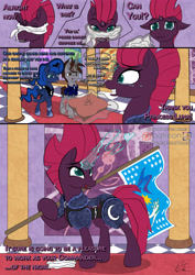 Size: 3507x4960 | Tagged: safe, artist:cafecomponeis, derpibooru original, character:fizzlepop berrytwist, character:princess luna, character:tempest shadow, oc, oc:midnight spades, my little pony: the movie (2017), armor, artificial horn, blindfold, broken horn, canterlot castle, comic strip, commander, crying, cute, dialogue, equestrian flag, equipment, flag, good end, happy, headcanon, heart, heartwarming, looking at each other, night guard, patreon, patreon logo, pillar, present, prosthetic horn, prosthetics, reformed, reformed villain, royal guard, tears of joy, tempest becomes a royal guard, tempest gets her horn back, tempestbetes