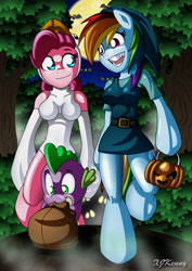 Size: 1000x1414 | Tagged: safe, artist:xjkenny, character:pinkie pie, character:rainbow dash, character:spike, species:anthro, species:dragon, species:unguligrade anthro, arm hooves, breasts, halloween, holiday, nightmare night, trick or treat