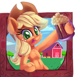 Size: 2000x2052 | Tagged: safe, artist:discorded, character:applejack, species:pony, applejack appreciation day, armpits, barn, belly button, cider, clothing, cowboy hat, female, hat, looking at you, mare, smiling, solo, stetson, sweet apple acres, tree