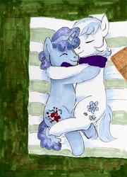 Size: 1919x2669 | Tagged: safe, artist:toisanemoif, character:double diamond, character:party favor, cuddling, cute, dawwww, double dawwmond, favorbetes, gay, male, partydiamond, picnic, shipping, traditional art