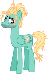 Size: 1015x1559 | Tagged: safe, artist:starryoak, character:zephyr breeze, species:pegasus, species:pony, miracleverse, alternate universe, description at source, facial hair, injured, injured wing, male, sad, simple background, solo, stallion, story in the source, transparent background, vector