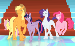Size: 1138x700 | Tagged: safe, artist:foxenawolf, character:applejack, character:fluttershy, character:pinkie pie, character:rarity, character:twilight sparkle, character:twilight sparkle (alicorn), species:alicorn, species:earth pony, species:pegasus, species:pony, species:unicorn, fanfic:piercing the heavens, clothing, cowboy hat, diverse body types, eyes closed, fanfic art, female, hat, illustration, mare, missing cutie mark, stetson, unshorn fetlocks