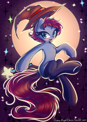 Size: 1700x2404 | Tagged: safe, artist:chaosangeldesu, oc, oc only, species:earth pony, species:pony, clothing, commission, female, full moon, halloween, hat, holiday, mare, moon, smiling, solo, stockings, thigh highs, witch hat, ych result