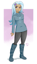 Size: 1400x2400 | Tagged: safe, artist:ponut_joe, character:trixie, species:human, my little pony:equestria girls, boots, clothing, cute, diatrixes, female, humanized, jewelry, moderate dark skin, necklace, shoes, simple background, solo, sweater, white background