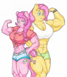 Size: 1280x1457 | Tagged: safe, artist:zacharyisaacs, character:fluttershy, oc, oc:honey suckle, species:anthro, species:earth pony, species:pegasus, species:pony, abs, anthro oc, bangles, biceps, breasts, busty fluttershy, clothing, colored, cutie mark, duo, female, flexing, front knot midriff, jewelry, looking at you, mare, midriff, muscles, muscleshy, shirt, shorts, simple background, thunder thighs, white background