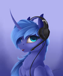 Size: 2500x3000 | Tagged: safe, artist:skitsroom, character:princess luna, species:alicorn, species:pony, gamer luna, blue mane, curved horn, female, headset, horn, solo, wings