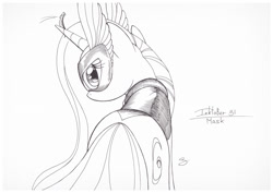 Size: 1073x759 | Tagged: safe, artist:sherwoodwhisper, oc, oc only, oc:eri, species:pony, species:unicorn, inktober, cape, clothing, female, inktober 2017, looking at you, looking back, looking back at you, mask, monochrome, mouse, solo, traditional art