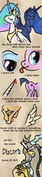 Size: 600x2500 | Tagged: safe, artist:arrkhal, character:discord, character:princess celestia, character:princess luna, species:alicorn, species:pony, bible, female, mare, scrunchy face, tongue out