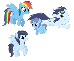 Size: 952x784 | Tagged: safe, artist:cindydreamlight, character:rainbow dash, character:soarin', oc, oc:blue, oc:rainbow storm, parent:rainbow dash, parent:soarin', parents:soarindash, species:pegasus, species:pony, ship:soarindash, female, filly, male, offspring, shipping, simple background, straight, transparent background