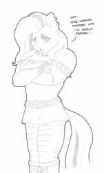 Size: 773x1280 | Tagged: safe, artist:zacharyisaacs, character:fluttershy, species:anthro, species:pegasus, species:pony, belt, boots, clothing, collar, costume, cutie mark, dialogue, dyed mane, dyed tail, ear piercing, female, fingerless gloves, flutterpunk, gloves, halloween, holiday, makeup, mare, metallica, monochrome, muscles, muscleshy, nightmare night, nightmare night costume, piercing, shoes, simple background, solo, spiked collar, tumblr comic, white background