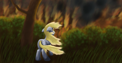 Size: 1200x620 | Tagged: safe, artist:arrkhal, character:derpy hooves, species:pegasus, species:pony, epic derpy, female, fire, floppy ears, forest fire, mare, rear view, solo, tree, windswept mane