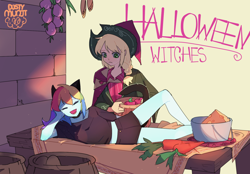 Size: 1280x893 | Tagged: safe, artist:dusty-munji, character:applejack, character:rainbow dash, species:human, apple, cat ears, cat tail, clothing, duo, female, food, halloween, hat, holiday, humanized, pony coloring