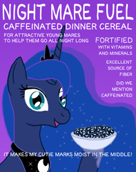 Size: 900x1140 | Tagged: safe, artist:arrkhal, character:princess luna, species:alicorn, species:pony, bust, cereal, double entendre, female, horn, jewelry, mare, nightmare fuel, open mouth, portrait, pun, regalia, solo, tiara, visual gag