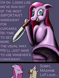 Size: 750x993 | Tagged: safe, artist:arrkhal, character:pinkamena diane pie, character:pinkie pie, species:earth pony, species:pony, fanfic:cupcakes, comic, female, knife, madame leflour, mare