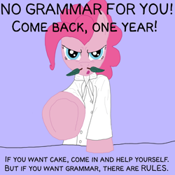 Size: 900x900 | Tagged: safe, artist:arrkhal, character:pinkie pie, species:earth pony, species:pony, clothing, female, grammar nazi, looking at you, mare, pointing, pun, shirt, solo, soup nazi