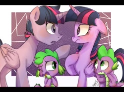 Size: 1214x900 | Tagged: safe, artist:emositecc, artist:riukime, character:barb, character:spike, character:twilight sparkle, character:twilight sparkle (alicorn), oc:dusk shine, species:alicorn, species:dragon, species:pony, baby, baby dragon, barbabetes, collaboration, confused, cute, disgusted, duality, duskabetes, female, male, ponidox, prince dusk, rule 63, rule63betes, self ponidox, signature, spikabetes, stallion, surprised, tongue out, twiabetes