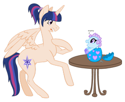 Size: 1024x830 | Tagged: safe, artist:cindydreamlight, oc, oc only, oc:star sparkle, parent:flash sentry, parent:twilight sparkle, parents:flashlight, species:alicorn, species:dragon, species:pony, baby dragon, dragon egg, female, mare, offspring, simple background, table, transparent background