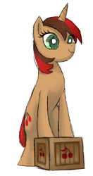 Size: 584x1109 | Tagged: safe, artist:needsmoarg4, character:cherry spices, species:pony, species:unicorn, g4, crate, female, mare, redesign, simple background, solo, white background