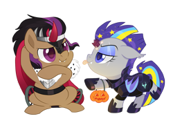 Size: 978x695 | Tagged: safe, artist:pepooni, character:king sombra, character:stellar eclipse, character:tempest shadow, oc, oc:night lark, species:bat pony, species:pegasus, species:pony, my little pony: the movie (2017), chibi, clothing, costume, female, male, mare, nightmare night costume, simple background, stallion, tongue out, transparent background, wheelchair