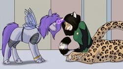 Size: 1280x720 | Tagged: safe, artist:foxenawolf, oc, oc only, oc:amethyst scroll, species:alicorn, species:pony, fanfic:cosmic lotus, armor, black hair, breasts, cat, chakat, chakat forestwalker, changeling hybrid, clothing, crossover, duo, eyes closed, fanfic art, insect wings, purple mane, smiling, taur