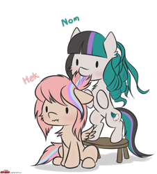 Size: 1424x1576 | Tagged: safe, artist:orang111, oc, oc only, oc:seafoam, oc:sweet skies, species:pony, biting, chibi, hair bite, heck, nom, simple background, transparent background, wavy mouth