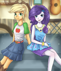 Size: 1550x1800 | Tagged: safe, artist:tcn1205, character:applejack, character:rarity, species:human, ship:rarijack, g4, my little pony: equestria girls, my little pony:equestria girls, applejack's hat, belt, bracelet, clothing, cowboy hat, denim skirt, dress, female, freckles, guitar, hairpin, hat, humanized, jewelry, lesbian, pony coloring, shipping, sitting, skirt, stetson