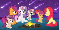 Size: 1174x617 | Tagged: safe, artist:velveagicsentryyt, character:apple bloom, character:scootaloo, character:sweetie belle, oc, oc:easy dance, oc:explosion loo, oc:gentle mash, parent:apple bloom, parent:button mash, parent:rumble, parent:scootaloo, parent:sweetie belle, parent:tender taps, parents:rumbloo, parents:sweetiemash, parents:tenderbloom, species:pegasus, species:pony, campfire, cutie mark crusaders, night, offspring, older, shooting star
