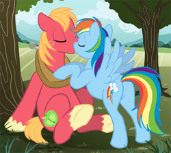 Size: 638x569 | Tagged: safe, artist:brianblackberry, character:big mcintosh, character:rainbow dash, species:earth pony, species:pegasus, species:pony, ship:rainbowmac, female, kissing, leaning, male, mare, shipping, sitting, stallion, straight, tree