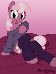 Size: 288x384 | Tagged: safe, artist:brianblackberry, character:cheerilee, species:earth pony, species:pony, bed, bottomless, clothing, cutie mark, female, looking at you, mare, off shoulder, off shoulder sweater, partial nudity, pink background, semi-anthro, simple background, sitting, smiling, socks, solo, sweater