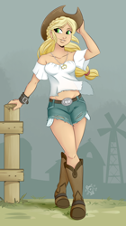 Size: 1600x2850 | Tagged: safe, artist:ponut_joe, character:applejack, species:human, applejack's hat, armpits, belly button, belt, boots, bracelet, braid, clothing, cowboy boots, cowboy hat, cuff, cute, daisy dukes, female, hat, humanized, jackabetes, jewelry, looking away, midriff, necklace, see-through, shoes, short jeans, shorts, smiling, solo, torn clothes, windmill, wristband