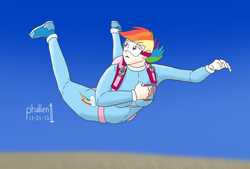 Size: 1312x885 | Tagged: safe, artist:phallen1, character:rainbow dash, air ponyville, clothing, humanized, jumpsuit, skydiving