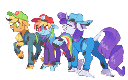 Size: 1837x1157 | Tagged: safe, artist:xenon, character:applejack, character:rainbow dash, character:rarity, species:classical unicorn, species:pony, species:unicorn, episode:the cart before the ponies, g4, my little pony: friendship is magic, backwards ballcap, baseball cap, belt, blushing, bodysuit, cap, clothing, cloven hooves, cutie mark, dirty, dock, eyes closed, eyes open, hat, hooves, huge tail, jumpsuit, leonine tail, long tail, mechanic, mud, muddy, oil, plot, pocket, rear view, simple background, smiling, support, transparent background, unshorn fetlocks