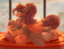 Size: 2500x1940 | Tagged: safe, artist:nightskrill, oc, oc only, oc:shadowgale, species:pony, blanket, blushing, carpet, chest fluff, crown, ear fluff, female, fluffy, hybrid, jewelry, looking at you, mare, original species, pillow, regalia, solo, window, wings, yellow eyes