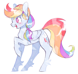 Size: 1059x1008 | Tagged: safe, artist:xenon, character:rainbow dash, species:crystal pony, species:pegasus, species:pony, alternate hairstyle, blushing, crystallized, female, mare, multicolored hair, one hoof raised, open mouth, raised hoof, simple background, smiling, solo, transparent background, unshorn fetlocks