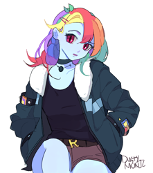 Size: 666x752 | Tagged: safe, artist:dusty-munji, character:rainbow dash, my little pony:equestria girls, alternate hairstyle, choker, clothing, female, hands in pockets, jacket, looking at you, multicolored hair, shorts, simple background, slit eyes, solo, white background