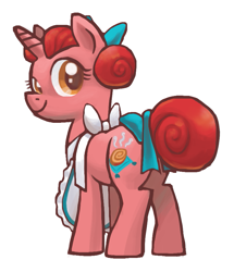Size: 761x886 | Tagged: safe, artist:needsmoarg4, species:pony, species:unicorn, g4, apron, cinnamon breeze, clothing, female, hair bow, mare, rear view, redesign, simple background, solo, tail bow, white background