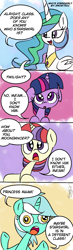 Size: 500x1714 | Tagged: safe, artist:emositecc, character:lyra heartstrings, character:moondancer, character:princess celestia, character:twilight sparkle, species:alicorn, species:pony, species:unicorn, comic, derp, dialogue, faec, female, filly, filly lyra, filly moondancer, filly twilight sparkle, floppy ears, mare, open mouth, smiling, younger