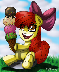 Size: 550x670 | Tagged: safe, artist:xjkenny, character:apple bloom, species:earth pony, species:pony, adorabloom, bow, cloud, cute, female, filly, food, grass, hair, hair bow, happy, ice cream, open mouth, outdoors, red hair, red tail, sitting, sky, smiling, solo, sprinkles, tail