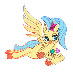 Size: 1650x1651 | Tagged: dead source, safe, artist:lunebat, character:princess skystar, species:classical hippogriff, species:hippogriff, g4, my little pony: the movie (2017), blushing, cloven hooves, cute, female, lying down, on side, shell, simple background, skyabetes, solo, spread wings, white background, wings