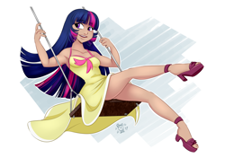 Size: 2700x1900 | Tagged: safe, artist:ponut_joe, character:twilight sparkle, species:human, episode:sweet and elite, g4, my little pony: friendship is magic, armpits, birthday dress, blue hair, breasts, clothing, cute, dress, female, high heels, humanized, leg focus, legs, light skin, long hair, looking away, multicolored hair, open mouth, outdoors, pink hair, purple hair, ribbon, sandals, shoes, small breasts, smiling, solo, sundress, swing, twiabetes, yellow dress