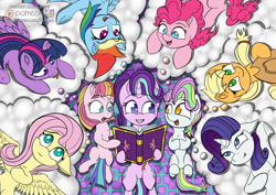 Size: 1280x905 | Tagged: safe, artist:cafecomponeis, character:applejack, character:coconut cream, character:fluttershy, character:pinkie pie, character:rainbow dash, character:rarity, character:starlight glimmer, character:toola roola, character:twilight sparkle, character:twilight sparkle (alicorn), species:alicorn, species:pony, episode:fame and misfortune, g4, my little pony: friendship is magic, blep, book, both cutie marks, cloud, ear fluff, lying down, mane six, mlem, open mouth, patreon, patreon logo, silly, smiling, thinking, tongue out