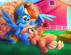 Size: 3000x2329 | Tagged: safe, artist:discorded, character:applejack, character:rainbow dash, species:pony, ship:appledash, accessory swap, apple, applejack's hat, barn, clothing, cowboy hat, female, food, freckles, happy, hat, hay, lesbian, looking down, looking up, lying down, mare, on back, open mouth, shipping, sitting, smiling, sweet apple acres