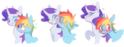 Size: 1981x762 | Tagged: safe, artist:xenon, character:rainbow dash, character:rarity, species:pegasus, species:pony, species:unicorn, ship:raridash, blushing, curved horn, cute, ear fluff, eyes closed, female, floppy ears, heart, kissing, lesbian, looking away, mare, no pupils, one eye closed, shipping, simple background, smiling, sweat, tongue out, tsunderainbow, tsundere, white background